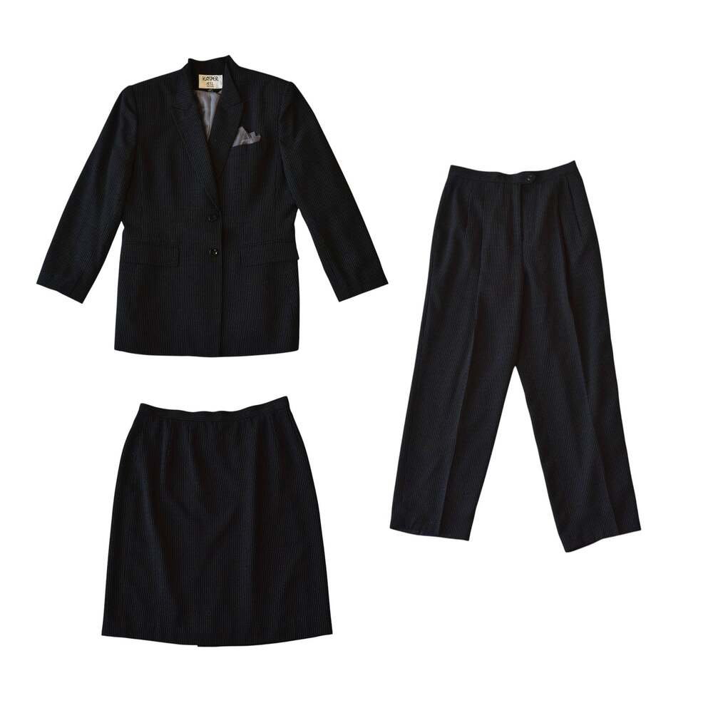 Vintage Women's 3 Piece Suit Set Black Pinstripe Blazer Trousers Skirt Size 12P